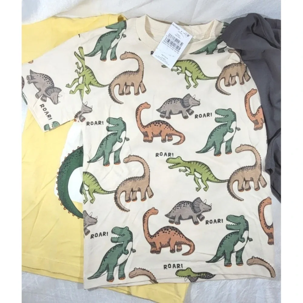 Next Boy's 3-Pack Monochrome/Yellow Dinosaur Short Sleeve T-Shirts Sz 5-6 Years